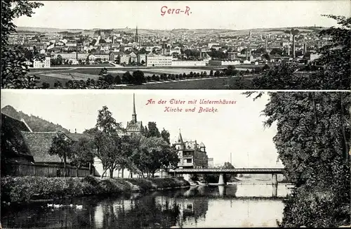 Ak Gera in Thüringen, Panorama, An der Elster, Untermhäuser Kirche und Brücke