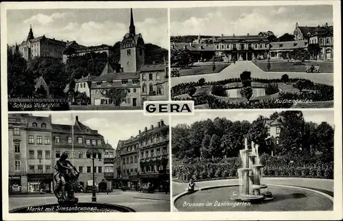 Ak Gera in Thüringen, Schloss Osterstein, Küchengarten, Markt, Simsonbrunnen, Dahliengarten