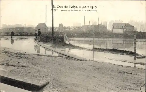 Ak Précy sur Oise, Avenue de la Gare, La Patte d'Oie, Hochwasser 1910