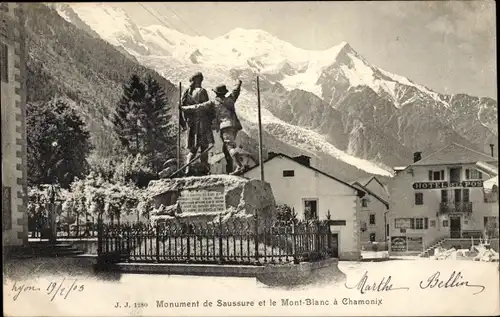 Ak Chamonix Mont Blanc Haute Savoie, Saussure-Denkmal