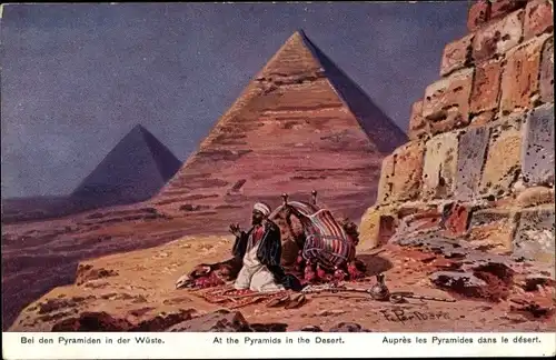 Künstler Ak Ägypten, Bei den Pyramiden in der Wüste, Betender Mann