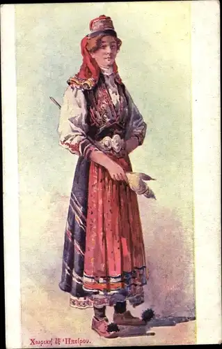 Litho Frau in griechischer Tracht, Standportrait