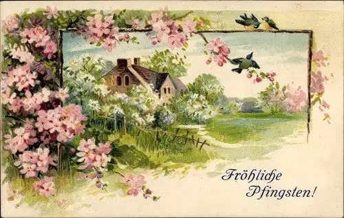 Präge Ak Frohe Pfingsten, Landschaftsmotiv, blühende Zweige, Vögel