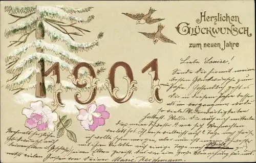 Präge Ak Fröhliches Neujahr, Jahreszahl 1901, Blumen, Vögel