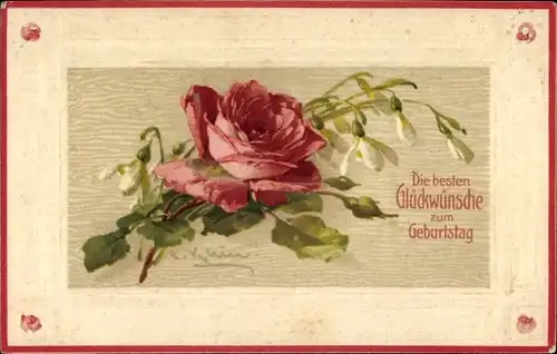 Präge Künstler Litho Klein, Catharina, Glückwunsch zum Geburtstag, Rose, Schneeglöckchen