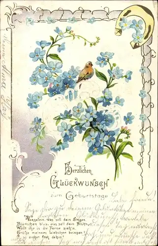 Präge Litho Glückwunsch zum Geburtstag, Vergissmeinnicht, Vogel