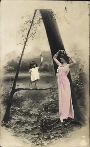 Buchstaben Ak Buchstabe A, Frau in weißem Kleid, Mädchen, Teich