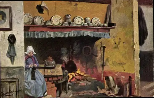 Künstler Ak Gerstenhauer, Johann Georg, niederländisches Motiv, Mädchen in Tracht am Kamin