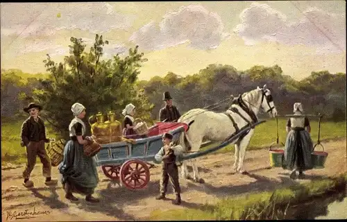 Künstler Ak Gerstenhauer, Johann Georg, Niederländische Trachten, Fuhrwerk, Milchkannen