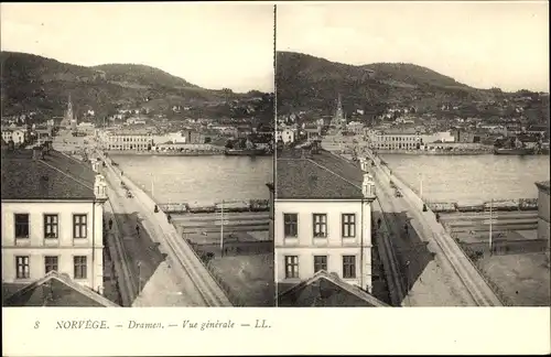 Stereo Ak Dramen Norwegen, Gesamtansicht der Stadt, Brücke, Kirche