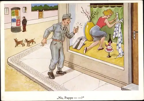 Ak Mann klopft am Schaufenster, Junge Frau, Humor, Litfaßsäule