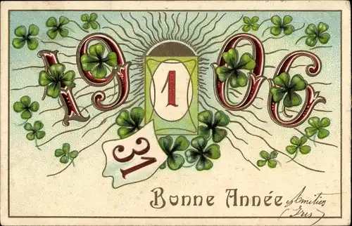 Präge Ak Fröhliches Neujahr, Jahreszahl 1906, Kleeblätter, Kalender