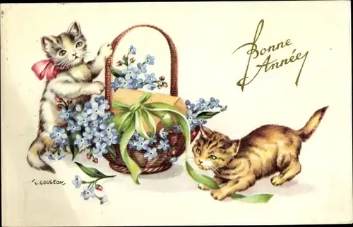 Künstler Ak Gougeon, T., Fröhliches Neujahr, Zwei kleine Katzen, Blumenkorb, Vergissmeinnicht