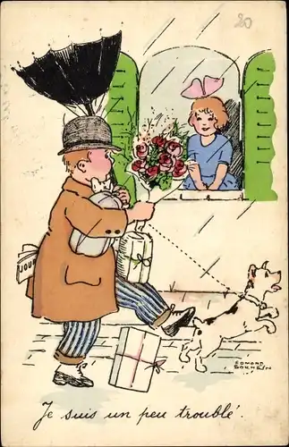 Künstler Ak Mann mit Geschenken im Regen, Hund an der Leine