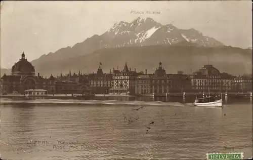 Ak Kanton Luzern Schweiz, Bahnhof und Post mit Pilatus