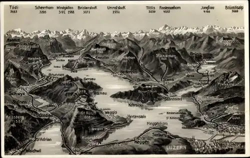 Landkarten Ak Luzern Stadt Schweiz, Meggen, Kriens, Stans, Gersau, Alpenkette