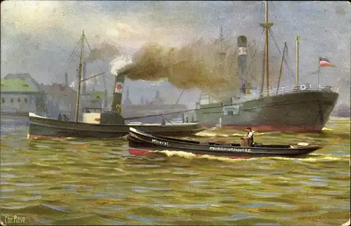 Künstler Ak Rave, Chr., Marine Galerie 233, Dampfer durch Schlepper in den Hafen bugsiert