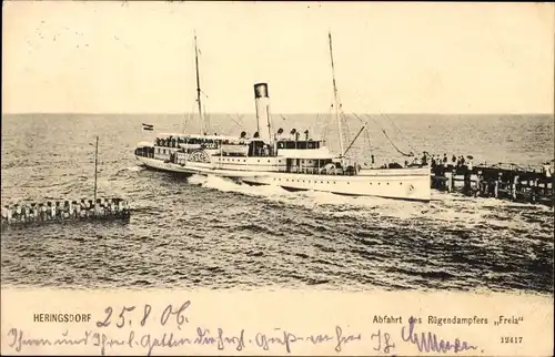 Ak Ostseebad Heringsdorf auf Usedom, Abfahrt des Rügendampfers Freia
