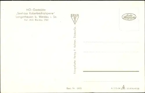 Ak Werdau in Sachsen, HO Gaststätte Seehaus Koberbachtalsperre Langenhessen