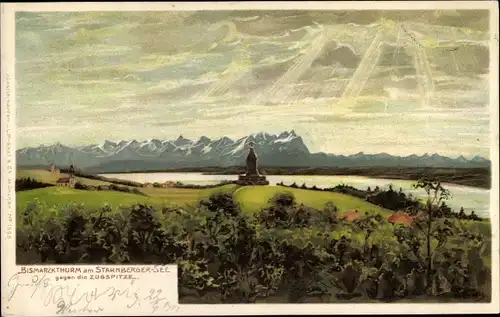 Litho Assenhausen Berg am Starnberger See, Bismarckturm, Zugspitze