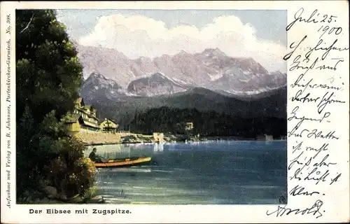 Ak Grainau in Oberbayern, Eibsee, Zugspitze, Ruderboot