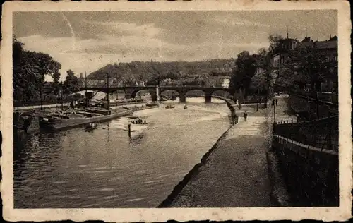 Ak Saarbrücken im Saarland, Saarpartie, Alte Brücke, Schiff