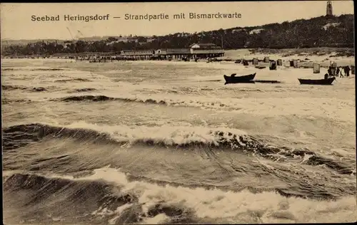 Ak Ostseebad Heringsdorf auf Usedom, Strandpartie, Bismarckwarte, Boote