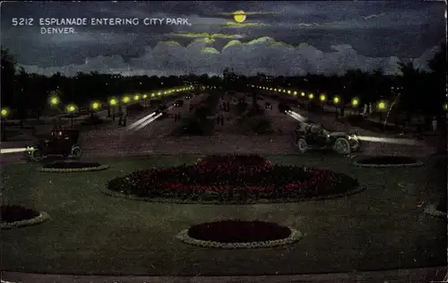 Ak Denver Colorado USA, Esplanade am Eingang zum City Park, Mondschein
