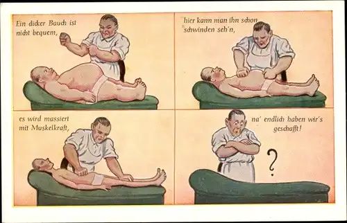 Ak Übergewichtiger Mann beim Masseur, Ein dicker Bauch ist nicht bequem...