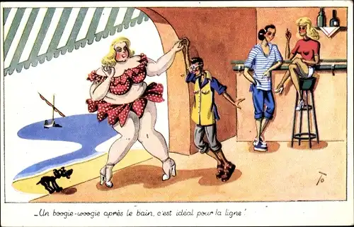 Künstler Ak Dicke Frau im Bikini tanzt mit dünnem Mann, Boogie-Woogie