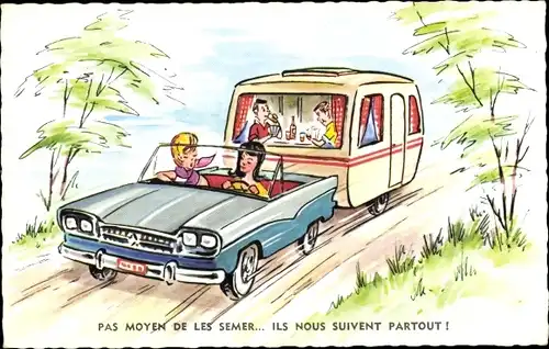 Künstler Ak Auto mit Wohnwagen, Straßenpartie, Skatrunde, Bier