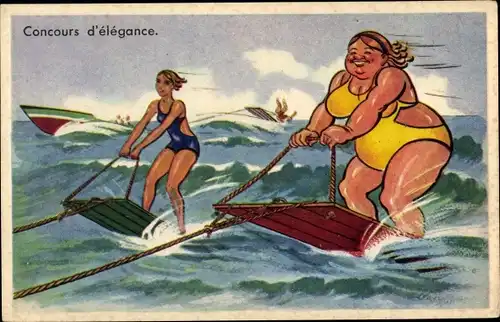 Ak Dicke und dünne Frau beim Wasserski