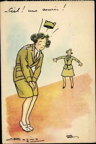 Ak Frauen in Uniformen, Frankreich, Soldatin fürchtet sich vor einer Maus