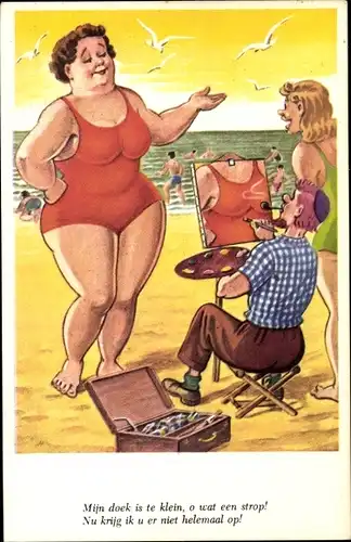 Künstler Ak Dicke Frau im Badeanzug wird am Strand gemalt