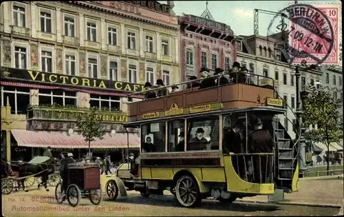 Künstler Ak Berlin Mitte, Unter den Linden, Doppeldecker-Bus, Kutsche, Victoria Café