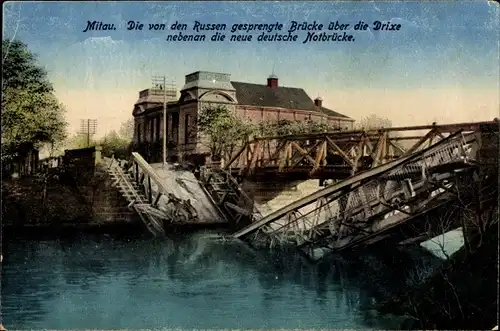 Ak Jelgava Mitau Lettland, Von den Russen gesprengte Brücke über die Drixe, Notbrücke, I. WK