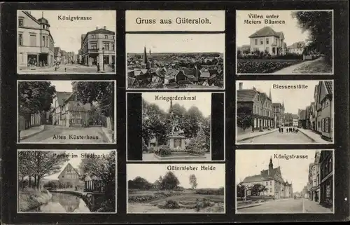 Ak Gütersloh in Westfalen, Königstraße, Altes Küsterhaus, Stadtpark, Kriegerdenkmal, Blessenstätte
