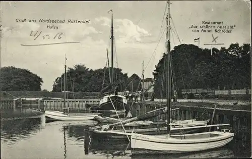 Ak Rüstersiel Wilhelmshaven in Niedersachsen, Restaurant Zur schönen Aussicht, Hafen