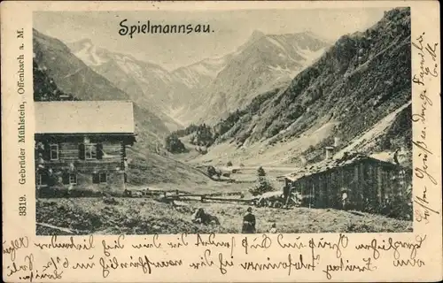 Ak Spielmannsau Oberstdorf im Oberallgäu, Teilansicht, Hütte, Bergpanorama