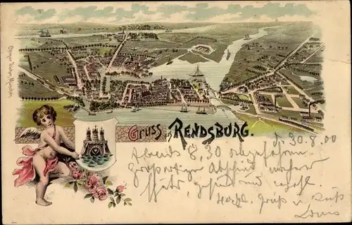 Litho Rendsburg in Schleswig Holstein, Panorama der Ortschaft, Engel