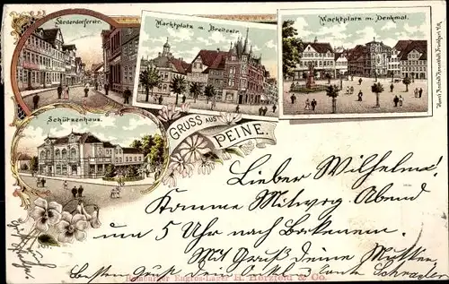 Litho Peine in Niedersachsen, Stederdorfer Straße, Marktplatz, Breitestraße, Schützenhaus, Denkmal