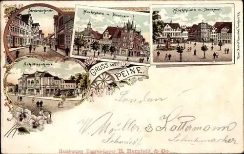 Litho Peine in Niedersachsen, Stederdorfer Straße, Marktplatz, Breitestraße, Schützenhaus, Denkmal