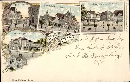 Litho Peine in Niedersachsen, Stederdorfer Straße, Marktplatz, Breitestraße, Schützenhaus, Denkmal