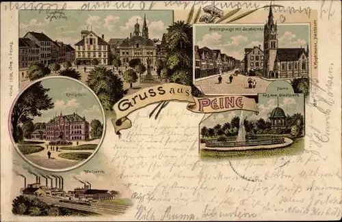 Litho Peine in Niedersachsen, Marktplatz, Realschule, Breitestraße, Stadtpark, Walzwerk