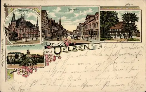 Litho Uelzen in Niedersachsen, Fischerhof, Gudes Straße, Krankenhaus, Luther Denkmal, Reichspost