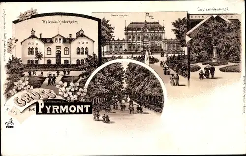 Litho Bad Pyrmont in Niedersachsen, Helenen-Kinderheim, Neues Kurhaus, Louisen-Denkmal