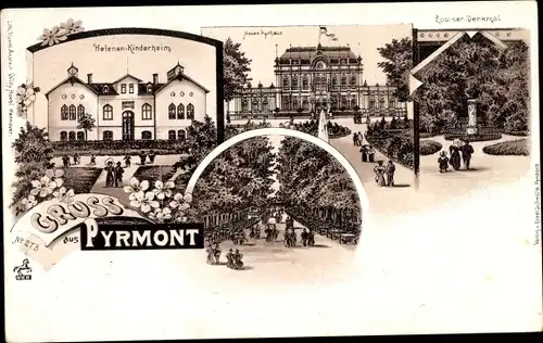 Litho Bad Pyrmont in Niedersachsen, Helenen-Kinderheim, Neues Kurhaus, Louisen-Denkmal