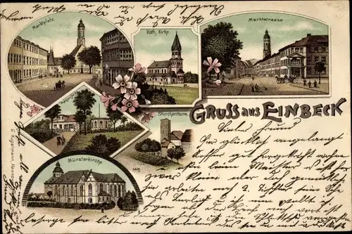 Litho Einbeck in Niedersachsen, Marktplatz, Katholische Kirche, Marktstraße, Münsterkirche