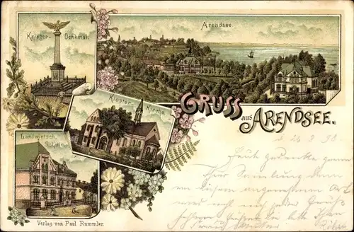 Litho Arendsee Altmark, Seepanorama, Klosterkirche, Landwirtschaftl. Schule, Kriegerdenkmal