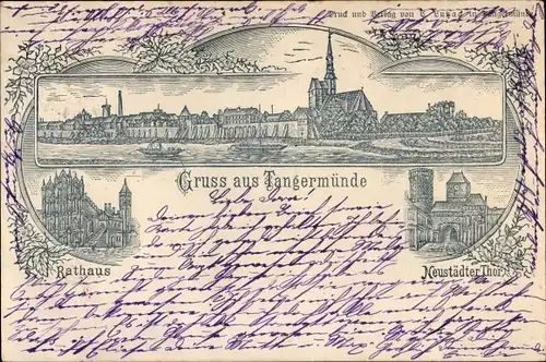 Litho Tangermünde an der Elbe, Rathaus, Neustädter Tor